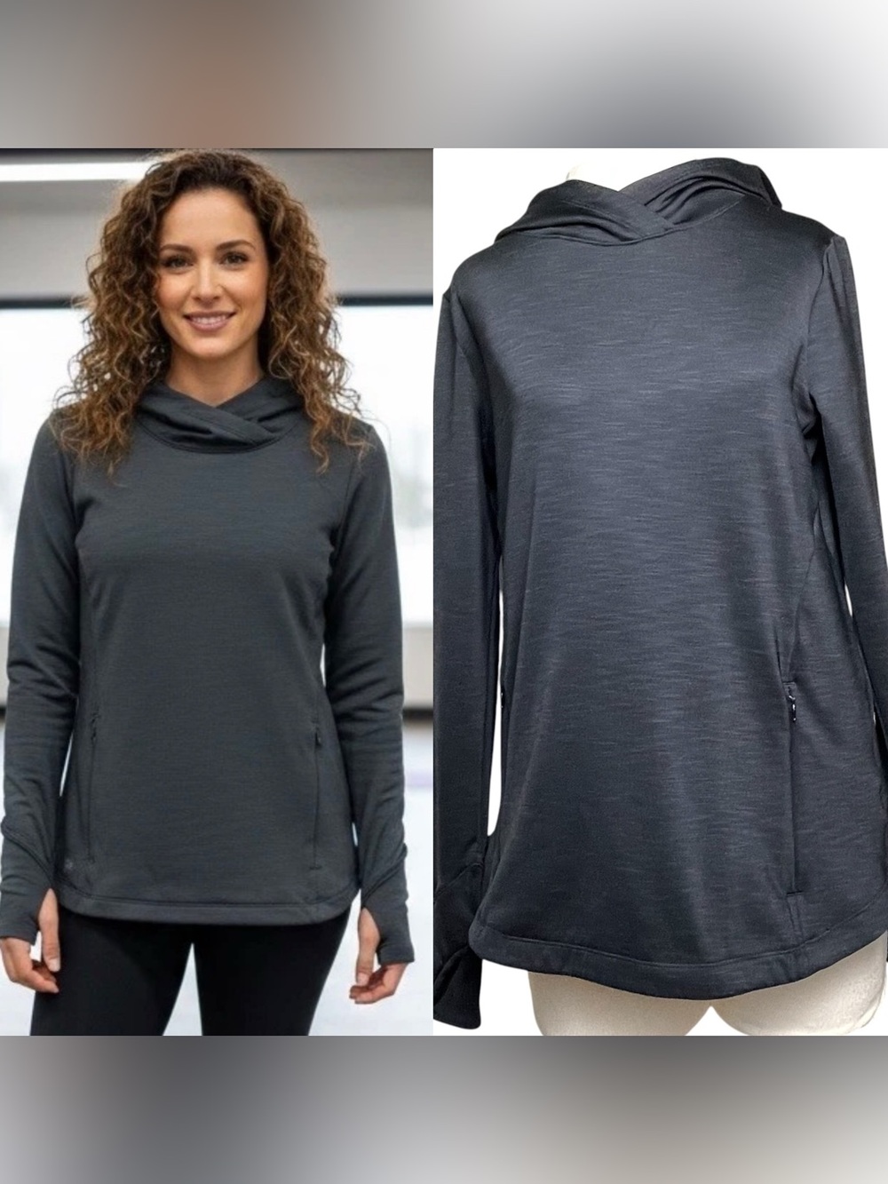 ATHLETA Womens Bootcamp Black Hoodie Pullover Zip Pockets Thumb Holes Sz Med